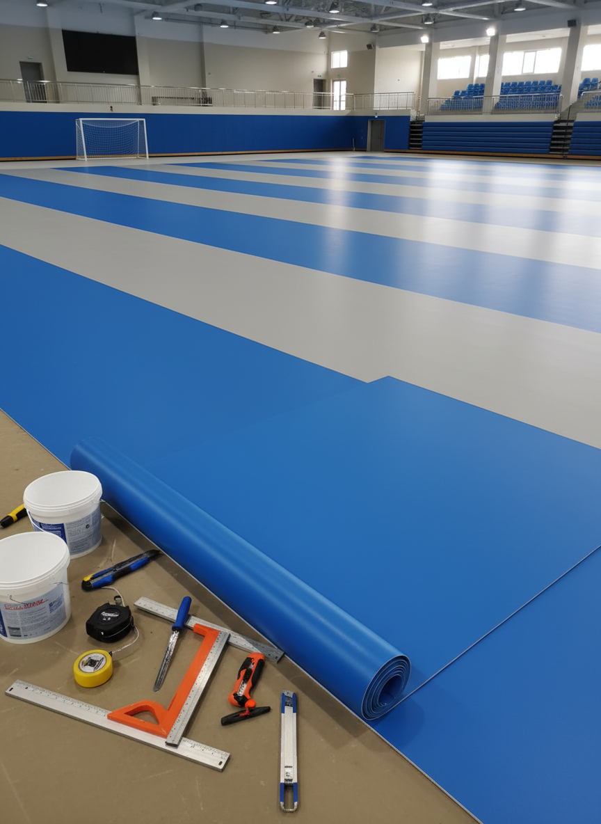 Geniş bir spor salonu veya çok amaçlı salon zemininin profesyonel PVC kaplama montaj süreci. Zeminin büyük bölümü artık döşenmiş, mat yüzeyli, kaymaz, mavi ve gri tonlu şeritlerden oluşan kaplama ile kaplıdır. Ön planda yere dikkatlice serilmiş, yarısı açılmış bir PVC rulo ve yanına hizalanmış, tertemiz el aletleri, ölçü şeritleri ve yapıştırıcı kovaları görülür. Üstten gelen parlak ama dengeli salon aydınlatması, yüzeyde hafif yansımalar oluşturur; yeni döşenen bölümlerle henüz boş olan alan arasındaki fark net seçilir. Geniş açılı, hafif yukarıdan çekilmiş fotoğrafik kompozisyon, düzenli iş alanını ve özenli çalışma disiplinini vurgulayan sakin, profesyonel bir atmosfer sunar.